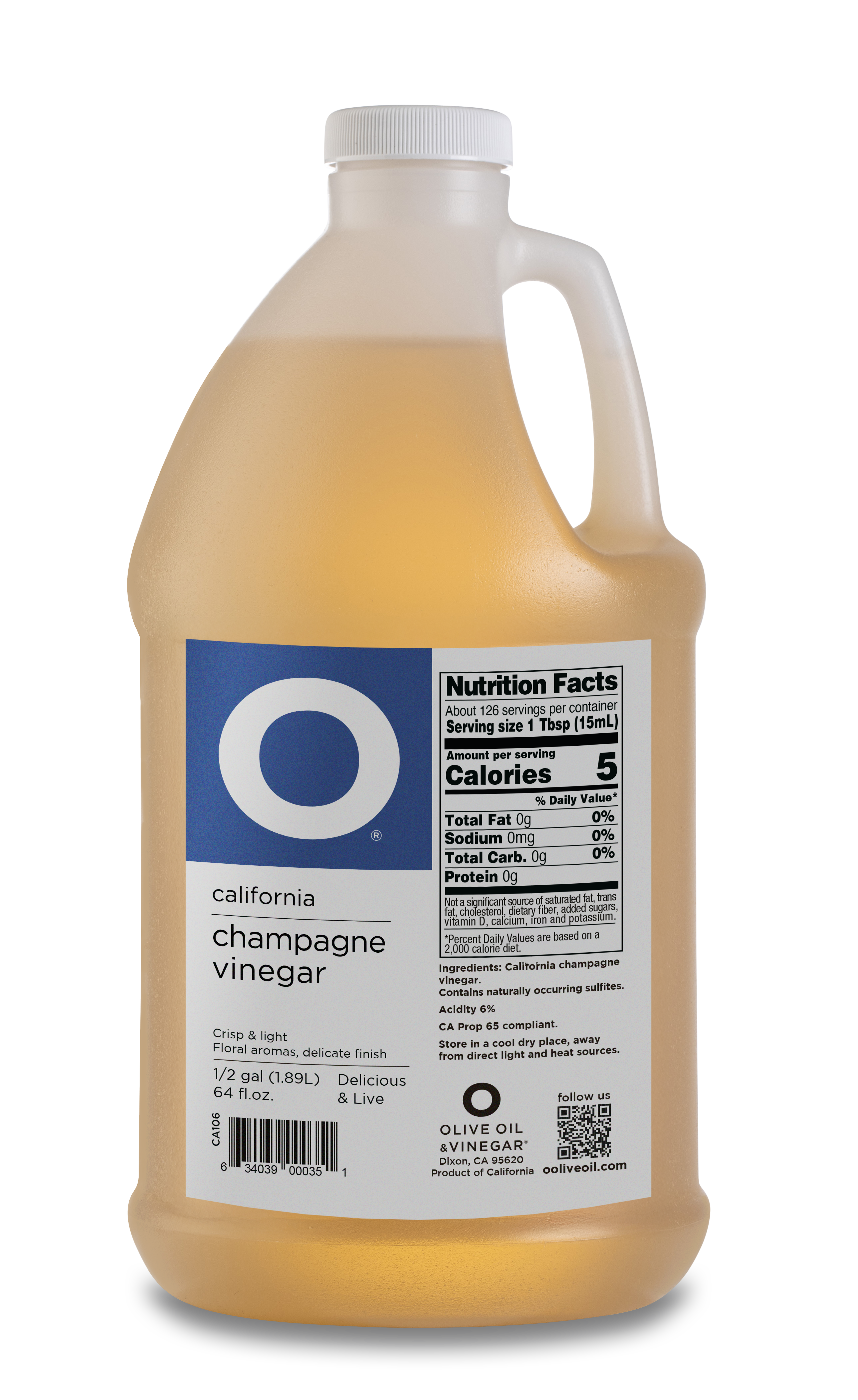 O California Champagne Vinegar 64oz Plastic Jug (1/2 gallon)