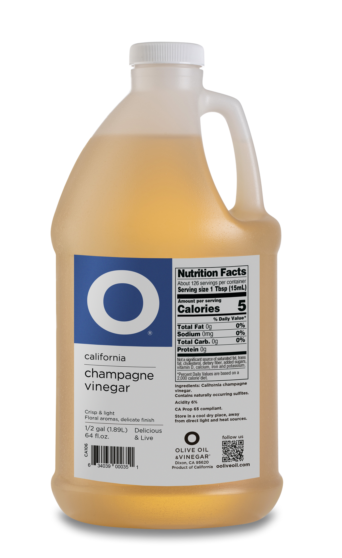 O California Champagne Vinegar 64oz Plastic Jug (1/2 gallon)