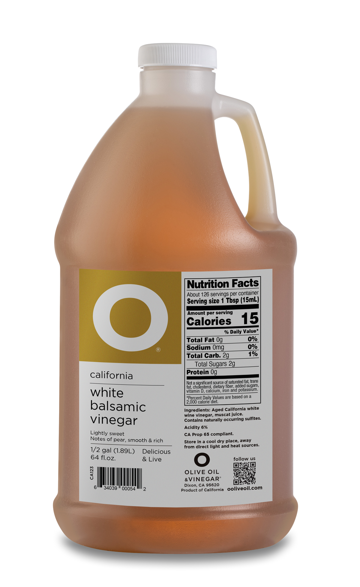 O California White Balsamic Vinegar 64oz Plastic Jug (1/2 gallon)